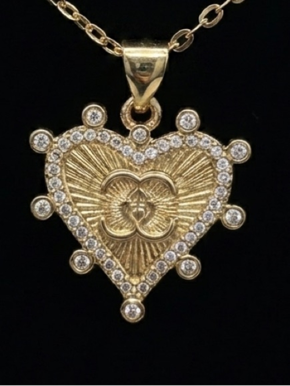 Gold Heart Pendant Necklace with lettered C & Crystal Halo